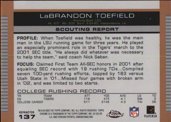 2003 Topps Draft Picks & Prospects - Chrome Gold Refractors #137 LaBrandon Toefield Back
