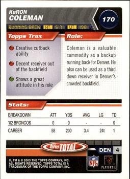 2003 Topps Total - Silver #170 KaRon Coleman Back