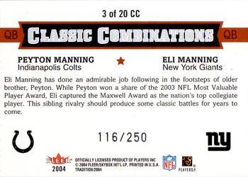 2004 Fleer Tradition - Classic Combinations #3 CC Peyton Manning / Eli Manning Back