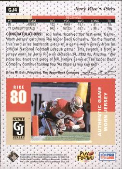 1996 Upper Deck - Game Jersey #GJ4 Jerry Rice  Back