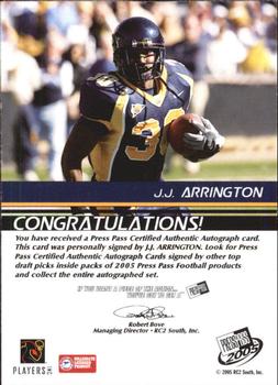 2005 Press Pass - Autographs Bronze #NNO J.J. Arrington Back