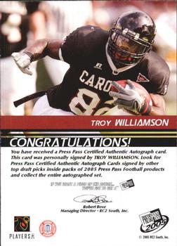 2005 Press Pass - Autographs Bronze #NNO Troy Williamson Back