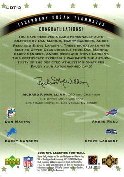 2005 Upper Deck Legends - Dream Teammates Autographs #LDT-2 Dan Marino / Barry Sanders / Andre Reed / Steve Largent Back
