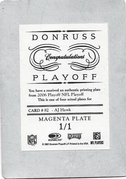 2006 Playoff NFL Playoffs - Printing Plates Magenta #82 A.J. Hawk Back
