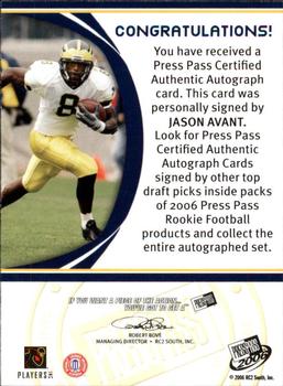 2006 Press Pass - Autographs Bronze #NNO Jason Avant Back