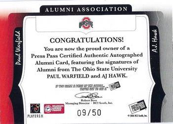 2006 Press Pass Legends - Alumni Association Autographs #NNO Paul Warfield / A.J. Hawk Back