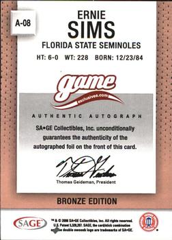 2006 SAGE Game Exclusives - Autographs Bronze #A-08 Ernie Sims Back