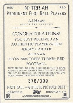 2006 Topps Turkey Red - Relics Red #TRR-AH A.J. Hawk Back