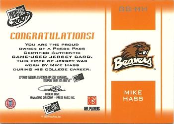 2007 Press Pass - Gridiron Gamers Jerseys Red #GG-MH Mike Hass Back