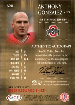 2007 SAGE - Autographs Gold #A20 Anthony Gonzalez Back