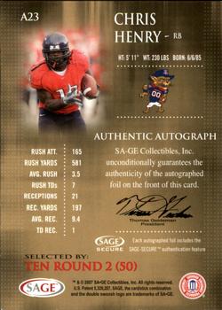 2007 SAGE - Autographs Gold #A23 Chris Henry Back