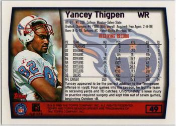 1999 Topps Season Opener #49 Yancey Thigpen Back