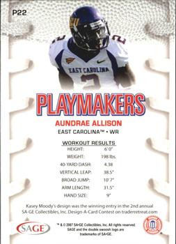 2007 SAGE HIT - Playmakers Silver #P22 Aundrae Allison Back