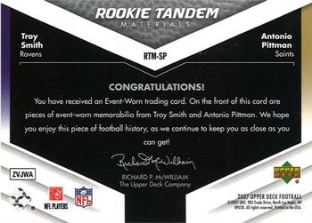 2007 Upper Deck - Rookie Tandem Materials #RTM-SP Troy Smith / Antonio Pittman Back