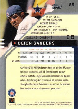 2000 Stadium Club #85 Deion Sanders Back