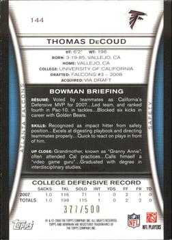 2008 Bowman - Blue #144 Thomas DeCoud  Back