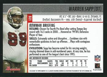 2001 Bowman #129 Warren Sapp Back