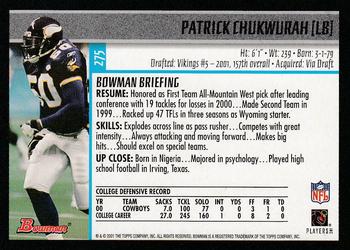 2001 Bowman #275 Patrick Chukwurah Back