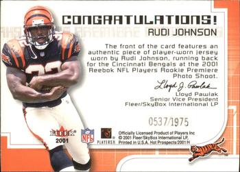 2001 Fleer Hot Prospects - Rookie Premiere Postmarks #NNO Rudi Johnson Back