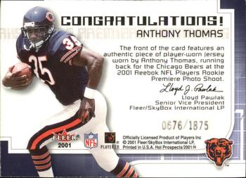 2001 Fleer Hot Prospects - Rookie Premiere Postmarks #NNO Anthony Thomas Back