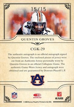 2008 Donruss Threads - College Gridiron Kings Material Autographs Prime #CGK-29 Quentin Groves Back