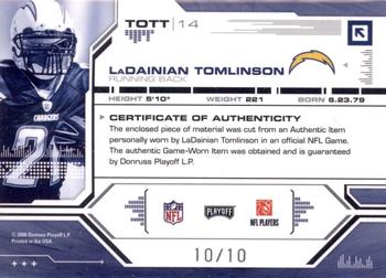 2008 Playoff Absolute Memorabilia - Tools of the Trade Material Oversize Black #TOTT 14 LaDainian Tomlinson Back