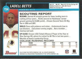 2002 Bowman #154 Ladell Betts Back