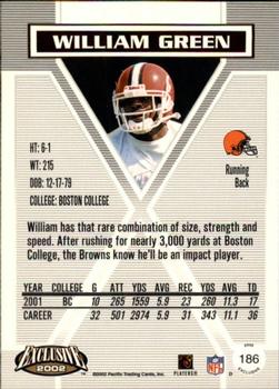 2002 Pacific Exclusive #186 William Green Back