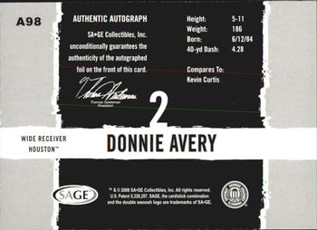 2008 SAGE HIT - Autographs #A98 Donnie Avery Back