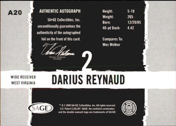 2008 SAGE HIT - Autographs Silver #A20 Darius Reynaud Back