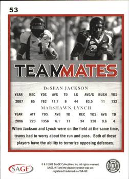 2008 SAGE HIT - Glossy #53 DeSean Jackson / Marshawn Lynch Back