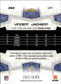 2008 Score - Scorecard #262 Vincent Jackson Back