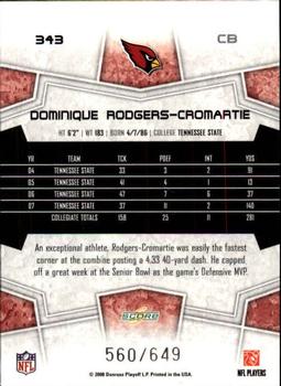 2008 Score - Scorecard #343 Dominique Rodgers-Cromartie Back