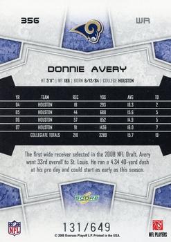 2008 Score - Scorecard #356 Donnie Avery Back