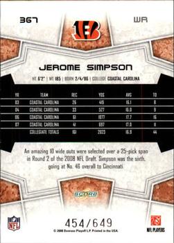 2008 Score - Scorecard #367 Jerome Simpson Back