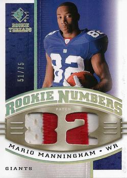 2008 SP Rookie Threads - Rookie Numbers Holofoil Patch 75 #RN-MM Mario Manningham Front