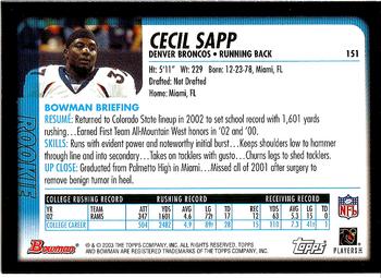 2003 Bowman #151 Cecil Sapp Back