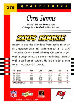 2003 Score #279 Chris Simms Back