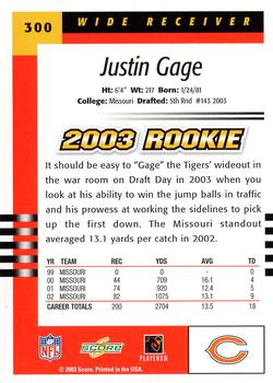 2003 Score #300 Justin Gage Back