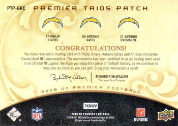 2008 Upper Deck Premier - Trios Patch 25 #PTP-GRC Philip Rivers / Antonio Gates / Antonio Cromartie Back