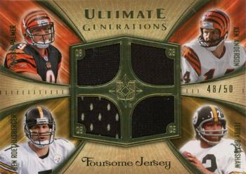 2008 Upper Deck Ultimate Collection - Ultimate Generations Foursomes Jerseys Gold #UFGJ-4 Carson Palmer / Ken Anderson / Ben Roethlisberger / Terry Bradshaw Front