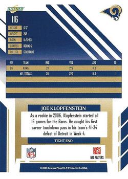 2007 Score #116 Joe Klopfenstein Back