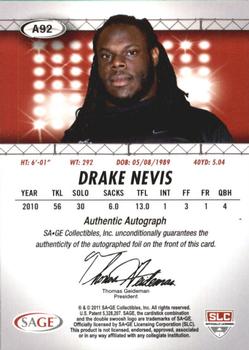 2011 SAGE HIT - Autographs #A92 Drake Nevis Back