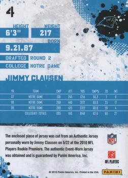 2010 Score - Rookie Jerseys #4 Jimmy Clausen  Back