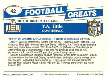 1989 Swell Greats #42 Y.A. Tittle Back