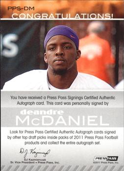 2011 Press Pass - Autographs Silver #PPS-DM2 DeAndre McDaniel Back