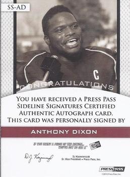 2010 Press Pass PE - Sideline Signatures Gold #SS-AD Anthony Dixon  Back