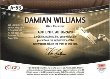 2010 SAGE - Autographs Silver #A-53 Damian Williams  Back