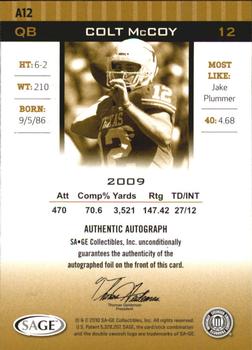 2010 SAGE HIT - Autographs Silver #A12 Colt McCoy  Back