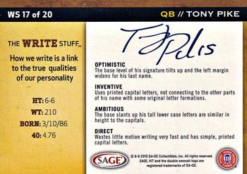 2010 SAGE HIT - Write Stuff #WS17 Tony Pike  Back